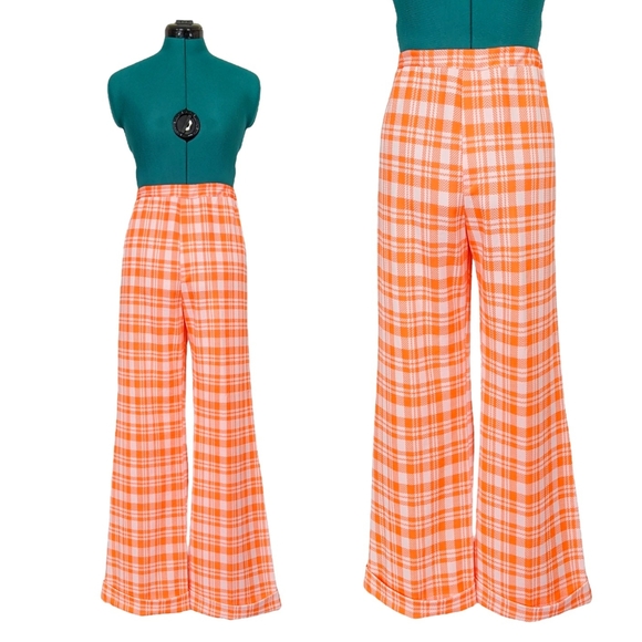 1970s High Waisted Vintage BellBottoms Flares Pants Orange Plaid Medium Trousers - Picture 6 of 6
